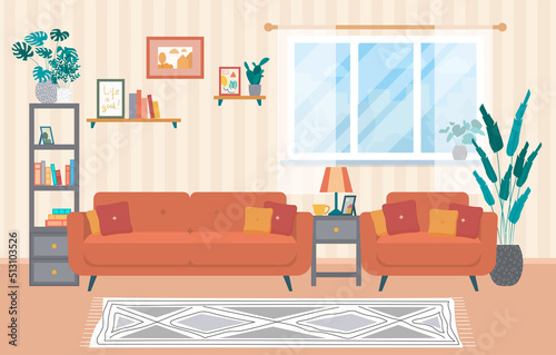 Living room with furniture. Cozy interior with a sofa, armchair, bedside table, shelves, a picture and a window with flowers in the living room. Cozy room. Vector illustration in a flat cartoon style.