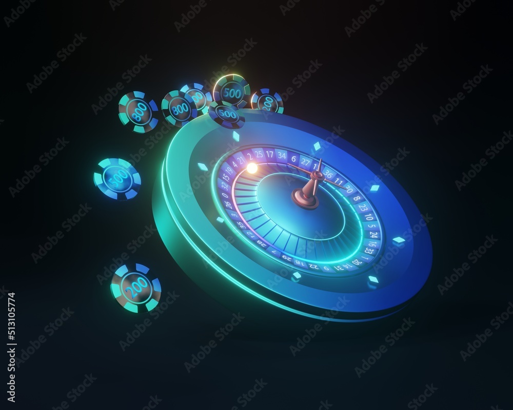 Lucky casino roulette wheel and chips with futuristic blue and green neon lights - 3d illustration