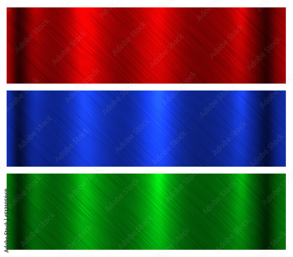 Obraz premium Brushed metal textures set, red green and blue shiny metallic pattern, industrial and technology backgrounds, vector illustration.