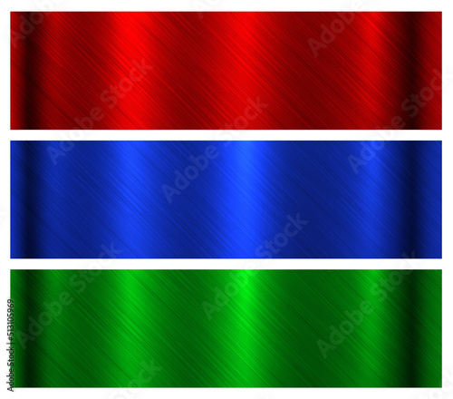 Brushed metal textures set, red green and blue shiny metallic pattern, industrial and technology backgrounds, vector illustration.