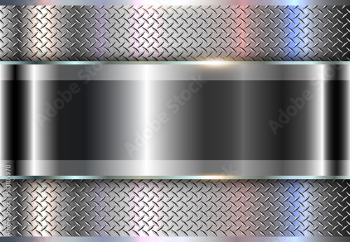 Silver metallic background, shiny and lustrous metal banner with diamond plate texture, 3D chrome glossy vector illustration.