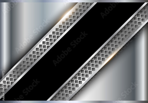 Silver black metallic background, shiny and lustrous metal banner, 3D chrome glossy vector illustration.