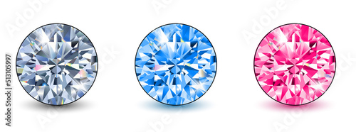 Diamonds gemstones, white blue and pink colors, 3D realistic icons, vector diamond illustration.