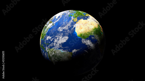Earth planet render. Cosmic background with earth globe isolated on black.