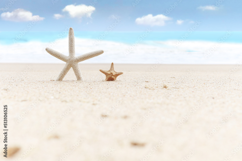 Starfish on tropical sandy summer ocean beach with beautiful blue sky as background, relaxing outdoor vacation on sea beach island. Starfish on tropical sandy summer ocean beach with beautiful blue sky as background, relaxing outdoor vacation on sea beach island.