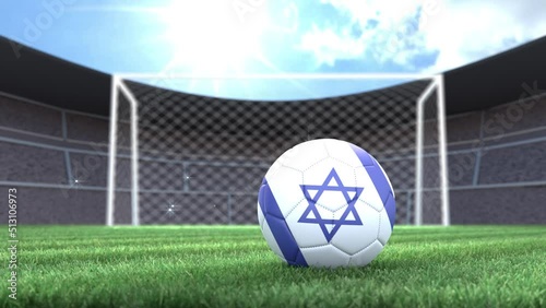 Israel soccer ball, rolling into stadium with camera flashes. 3D animation