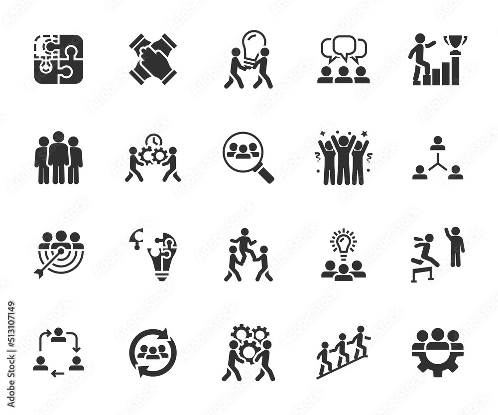 Vector set of teamwork flat icons. Contains icons team building, collaboration, team, motivation, team goal, working group, management, cooperation and more. Pixel perfect. Vector set of teamwork flat icons. Contains icons team building, collaboration, team, motivation, team goal, working group, management, cooperation and more. Pixel perfect.
