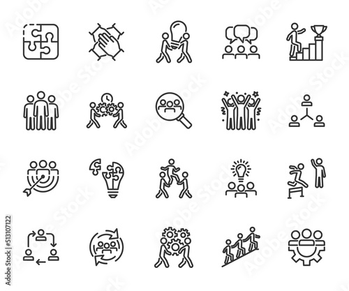 Vector set of teamwork line icons. Contains icons team building, collaboration, team, motivation, team goal, working group, management, cooperation and more. Pixel perfect.