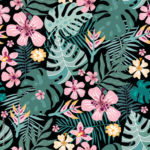 Beautiful seamless pattern tropical palm tree leaves, monstera, hibiscus, philodendron, exotic flants, flowers For wall art, posters, textile, paper, fabric Vector illustration