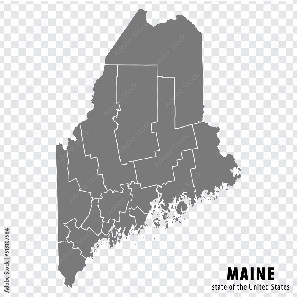 State Maine map on transparent background. Blank map of Maine with regions in gray for your web