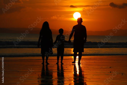 family in sunset at beach