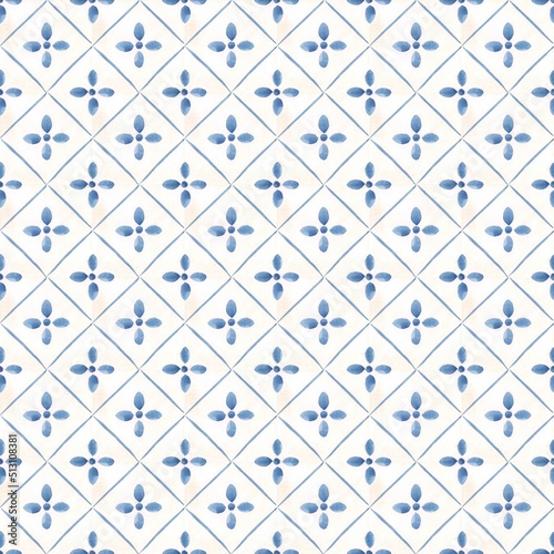 Beautiful seamless pattern with watercolor hand drawn blue dutch style tiles . Stock illustration. photo