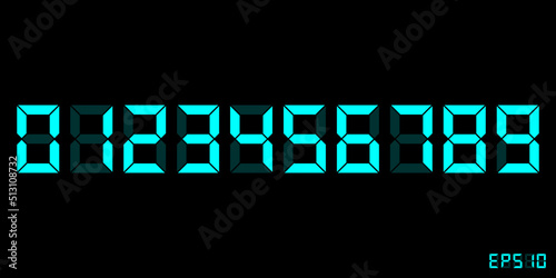 Zero to Nine Cyan digital electronic clock numbers set. LCD LED digit set for the counter, clock, calculator mockup in flat style design for website, app, UI, isolated on black background. Vector file
