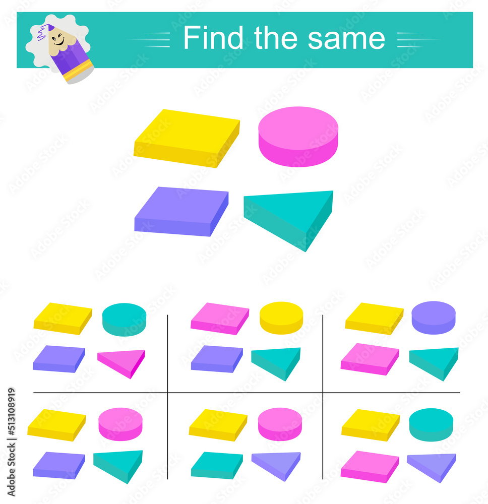 Puzzle game for children. Task for development of attention and logic. Need to find same group of geometrıc shapes. Vector illustration