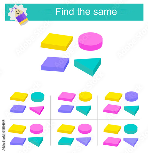 Puzzle game for children. Task for development of attention and logic. Need to find same group of geometrıc shapes. Vector illustration