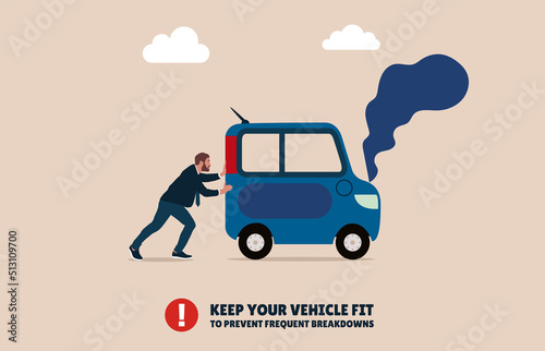 Driver pushing his broken suv car. Safety driving rules. Keep your vehicle fit to prevent frequent breakdowns. 