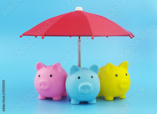 Money protection and safety concept. Piggy banks under red umbrella on blue background.