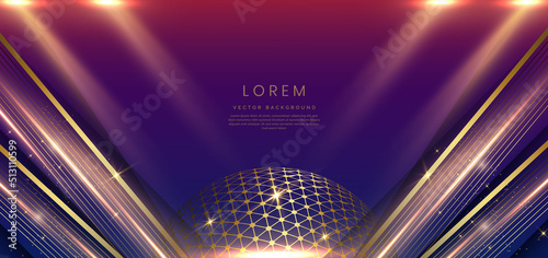 Abstract luxury golden lines diagonal overlapping on dark blue background with lighting effect. Template premium award design.