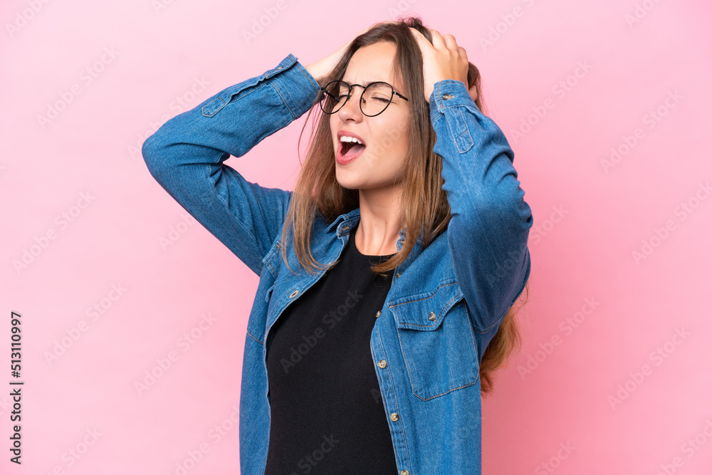 Young caucasian woman isolated on pink background stressed overwhelmed Young caucasian woman isolated on pink background stressed overwhelmed