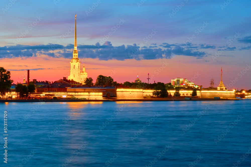 Peter and Paul Fortress and the Neva River in St. Petersburg during the White Night, Russia.