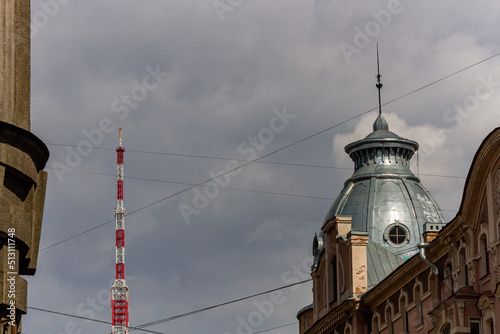The facade of the steel tower of an old-fashioned building