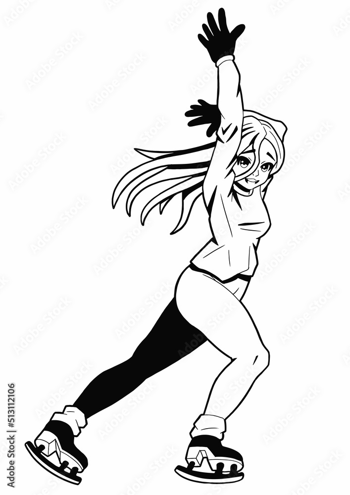 A cute figure skating girl drawn in the style of Japanese manga comics, she has long blond hair, she is in a concert outfit.