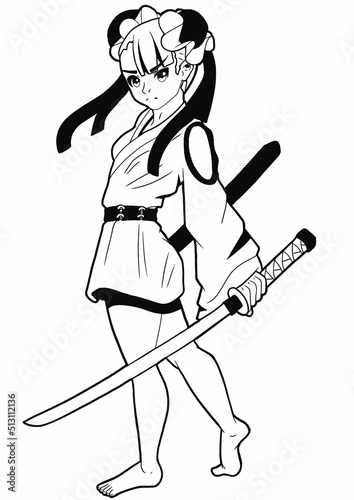 A cute girl fighter drawn in the style of Japanese manga comics. She has her hair in two buns, she is dressed in a kimono, and she holds a large katana in her hands. Stands barefoot in a menacing pose