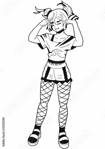 A cute girl drawn in the style of Japanese manga comics. She is standing with her eyes closed  her hands are put to her forehead  her hair is gathered in two buns  she is wearing a T-shirt  shorts  