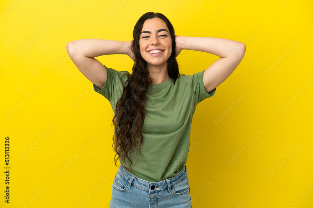 Young caucasian woman isolated on yellow background laughing Young caucasian woman isolated on yellow background laughing
