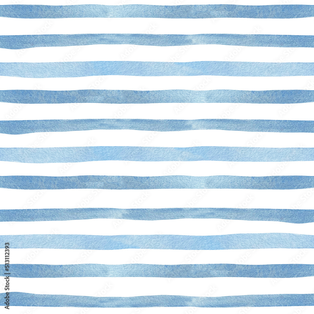 Watercolor blue stripes on white background. Nautical marine bac