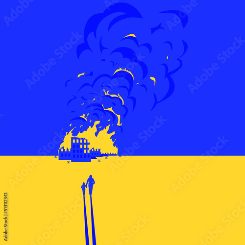 flag of ukraine on fire, invasion of ukraine, russia aggressor, flame to which mother and daughter go, Ukrainian inviolability