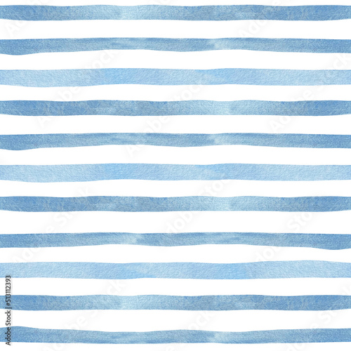 Watercolor blue stripes on white background. Nautical marine bac photo