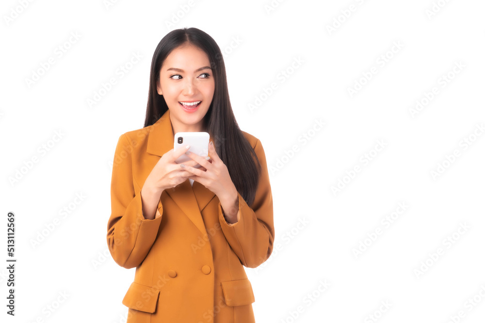 Beautiful Asian woman cute girl playing a smart phone isolated on white background - mobile phone uses a online banking for pay online shopping Beautiful Asian woman cute girl playing a smart phone isolated on white background - mobile phone uses a online banking for pay online shopping