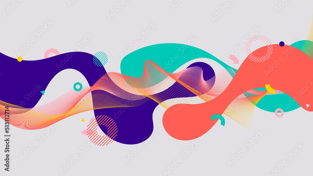 Abstract fluid shapes wave lines and geometric elements on white background