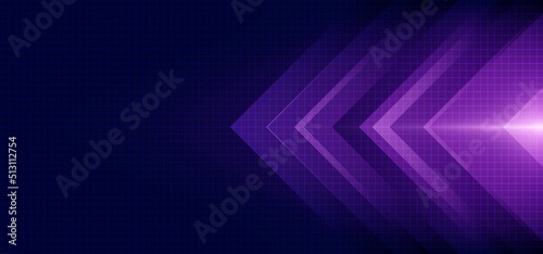 Abstract blue and purple arrow glowing with lighting and line grid on blue background