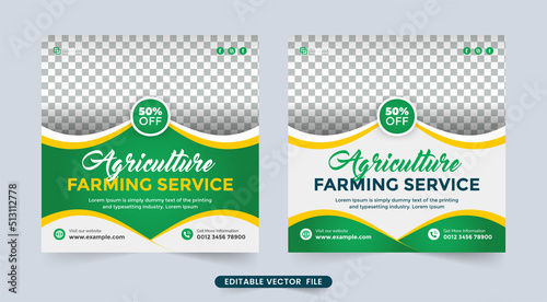 Agriculture farming service social media ad banner template. Farm management and cleaning service flyer vector. Agro farm and lawn mowing business advertisement social media post design.