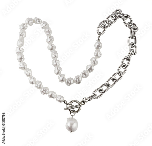  Closeup of sagging string of baroque pearls and metal chain isolated on white