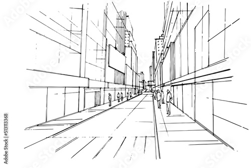 Line drawing of a large city in a pedestrian perspective,modern design,vector,2d illustration