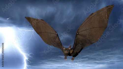 Fledermaus im Flug mit Blitz, Gewitter im Hintergrund, 3d Rendering photo