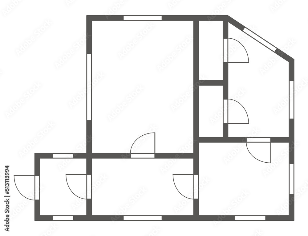 Apartment architectural plan. Black and white isolated condominium or house. Floor plan, interior design kitchen, bedrooms, living room, dining room and bathroom. Apartment without furniture top view Apartment architectural plan. Black and white isolated condominium or house. Floor plan, interior design kitchen, bedrooms, living room, dining room and bathroom. Apartment without furniture top view