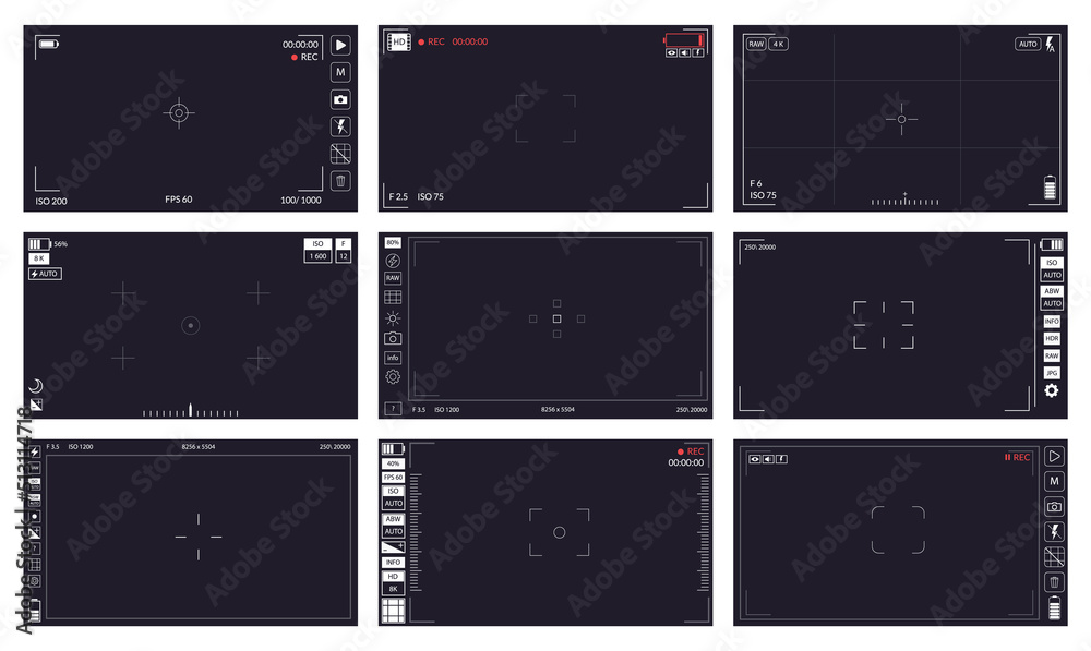 Camera viewfinders set. Focusing screen recording. Black screen cameras