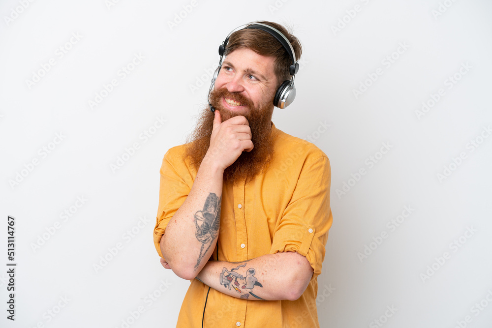Telemarketer man isolated on white background looking to the side Telemarketer man isolated on white background looking to the side
