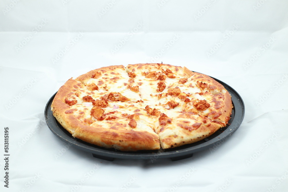 chicken pizza on white background.