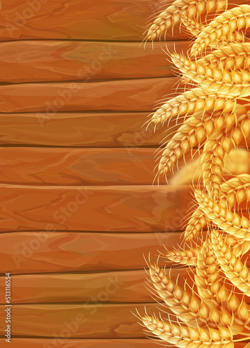 Wheat, barley golden ears on wooden background. Cereals spikelets with ears, realistic bakery background.