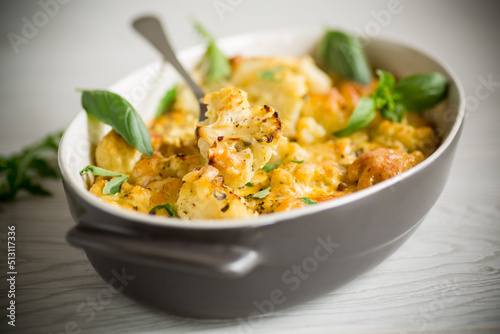 baked cauliflower with vegetables and cheese and scrambled eggs