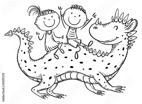 Line drawing of happy children riding a fairy red dragon