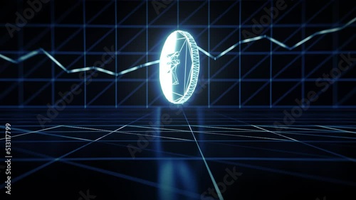 Digital Rupee coin floating on digital surface, growth chart in background. neon design. 3d render.