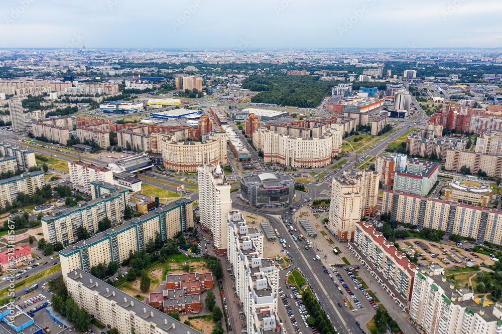 Saint Petersburg in summer, Primorsky district. Multi-storey buildings of the city. Aerial view.