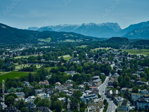 Top view of a residential area of Salzburg and hills in the background, Austria