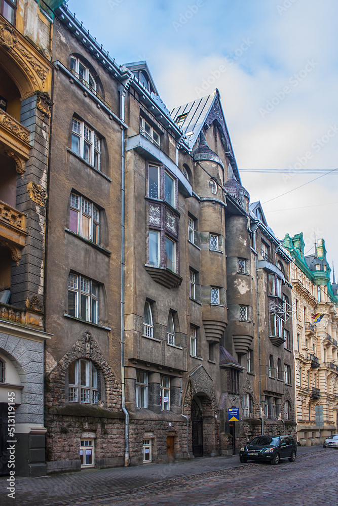 Facade of an Art Nouveau building on Alberta Street in Riga, Latvia